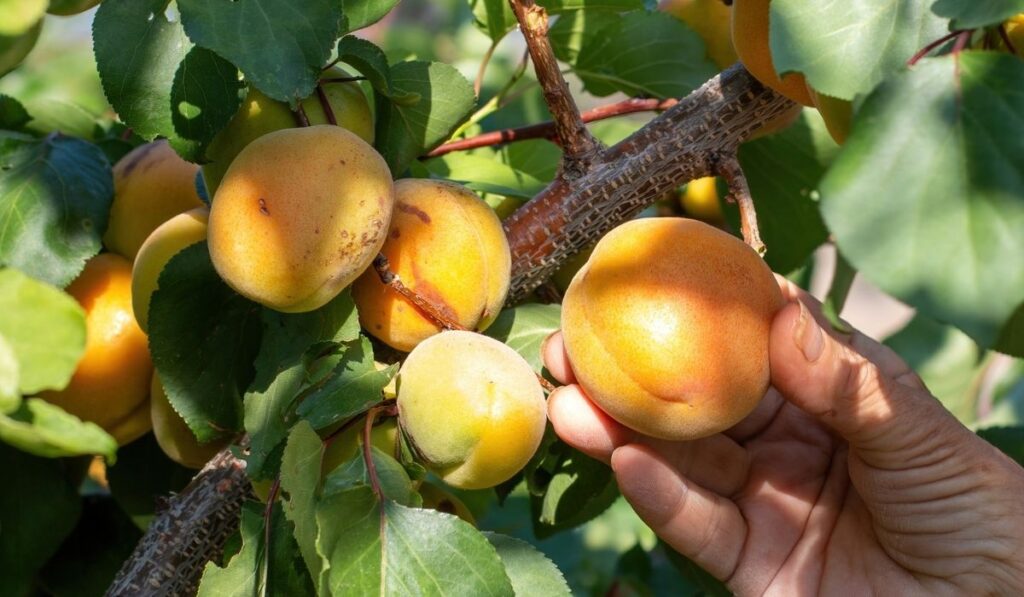 Closeup of the hand of a woman picking apricots from a tree 