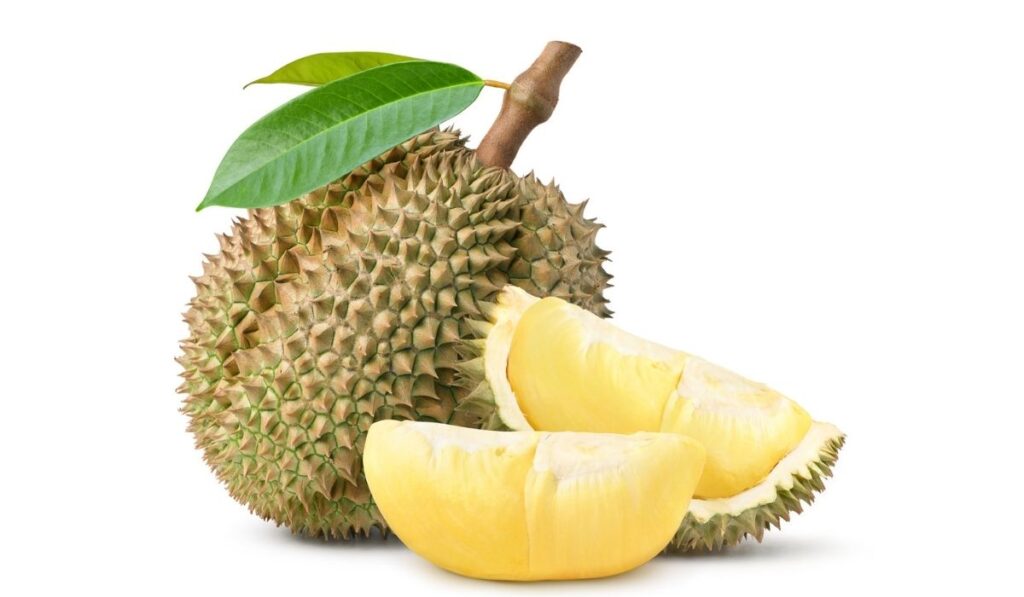 Durian fruit with slices and leaves